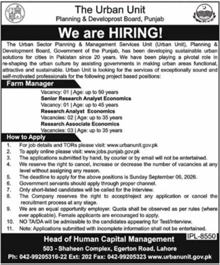 The Urban Unit - Urban Sector Planning & Management Services Unit, Planning & Development Board Jobs 2026 – The Urban Unit - Urban Sector Planning & Management Services Unit, Planning & Development Board, Government of the Punjab Jobs 2026 — original newspaper advertisement