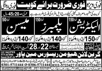 Electrician (150 posts) Plumbers (150 posts) Jobs in Kuwait – Green Line Human Resource Main Power Jobs 2026 — original newspaper advertisement
