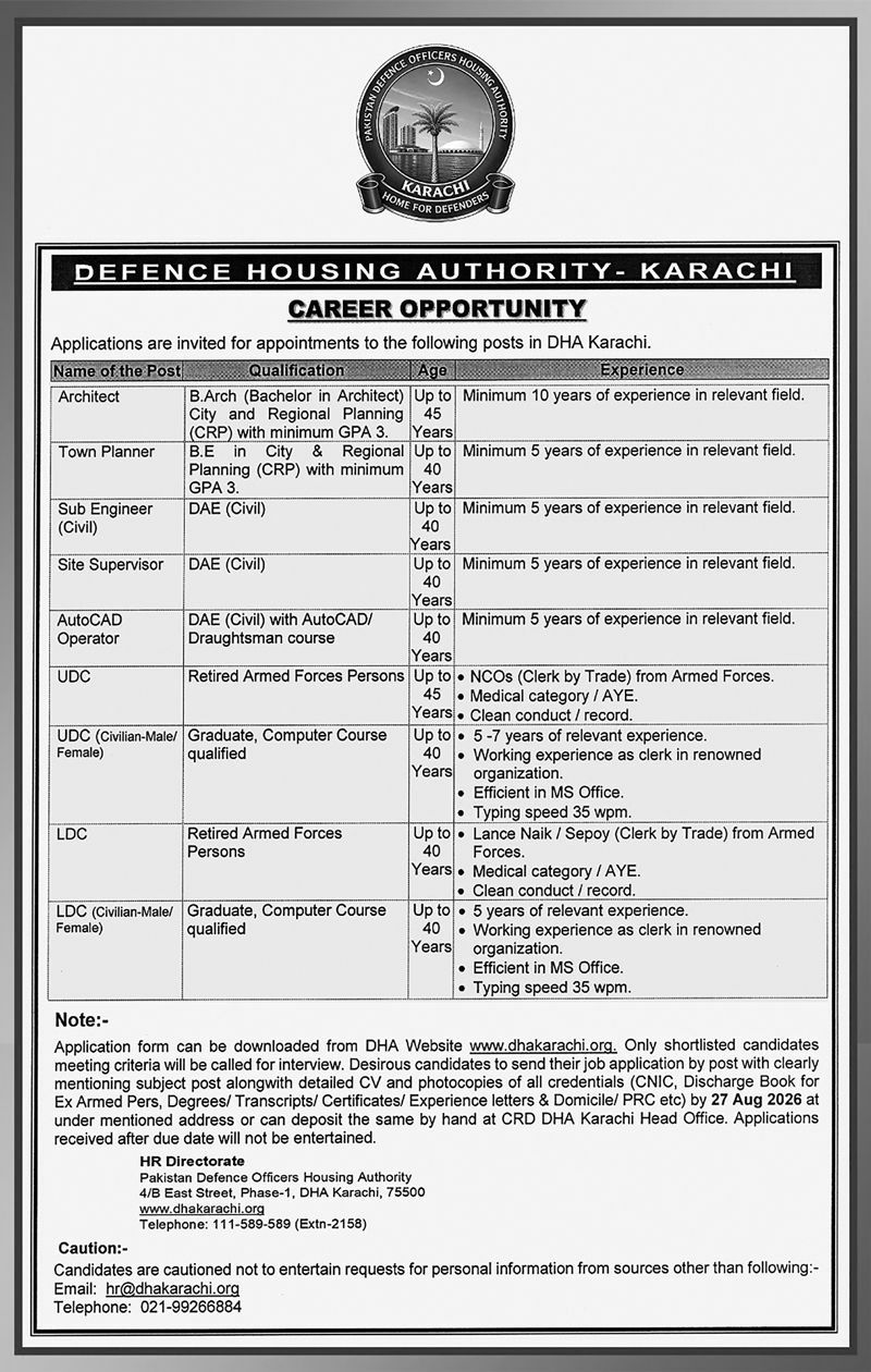 Defence Housing Authority Karachi Jobs 2026 – Defence Housing Authority - Karachi (Pakistan Defence Officers Housing Authority) Jobs 2026 — original newspaper advertisement