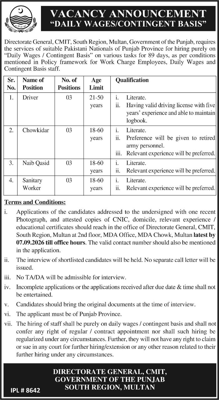 Directorate General, CMIT, South Region Jobs 2026 – Directorate General, CMIT, South Region, Government of the Punjab Jobs 2026 — original newspaper advertisement
