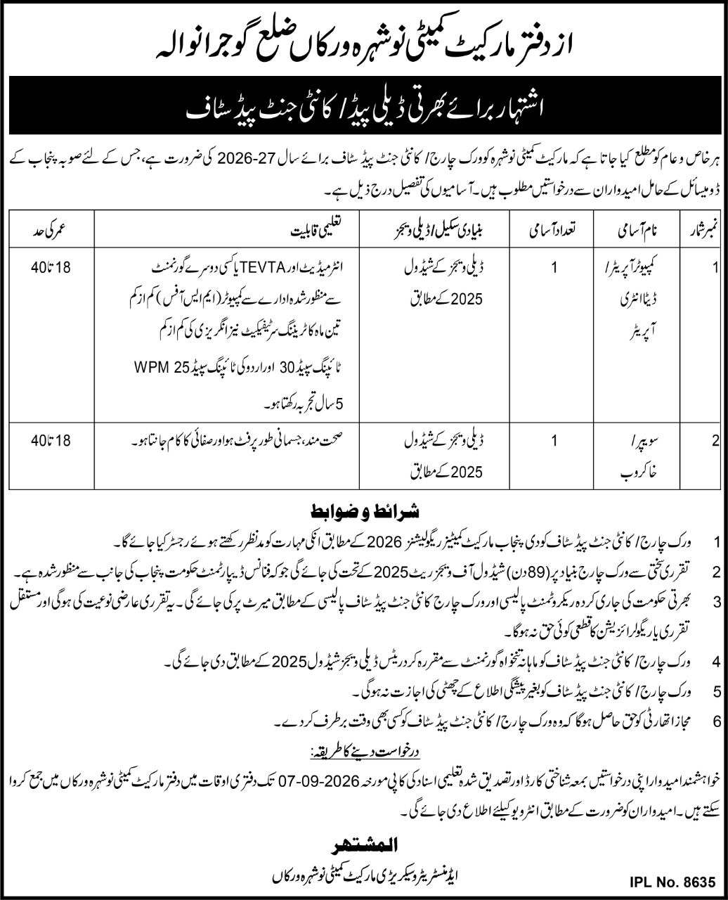 Office of Market Committee Noshehra Wirkan, District Gujranwala Jobs 2026 Jobs 2026 — original newspaper advertisement