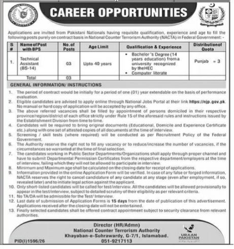 National Counter Terrorism Authority (NACTA) Jobs Jobs 2026 — original newspaper advertisement