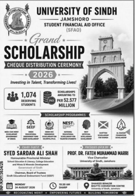 Grand Scholarship Cheque Distribution Ceremony 2026 – University of Sindh, Jamshoro - Student Financial Aid Office (SFAO) Scholarships 2026 — original newspaper advertisement