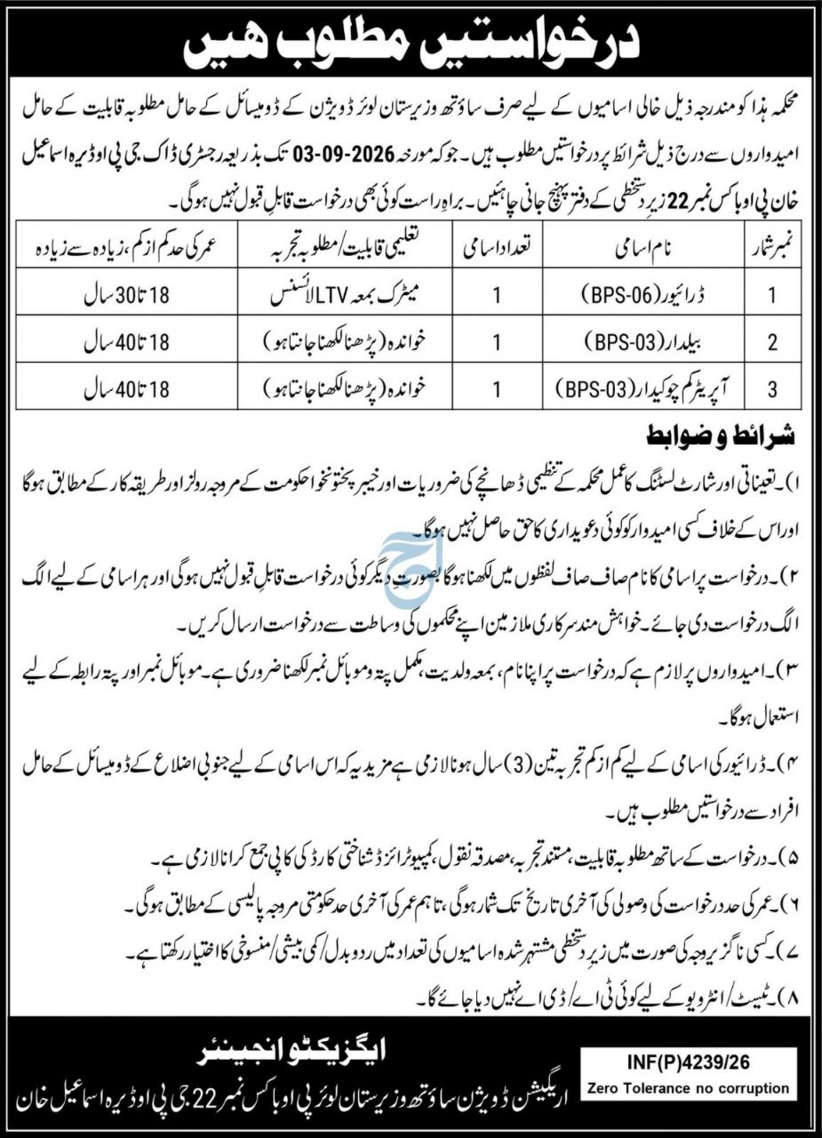 Irrigation Division South Waziristan, PO Box No. 22, GPO Dera Ismail Khan Jobs 2026 Jobs 2026 — original newspaper advertisement