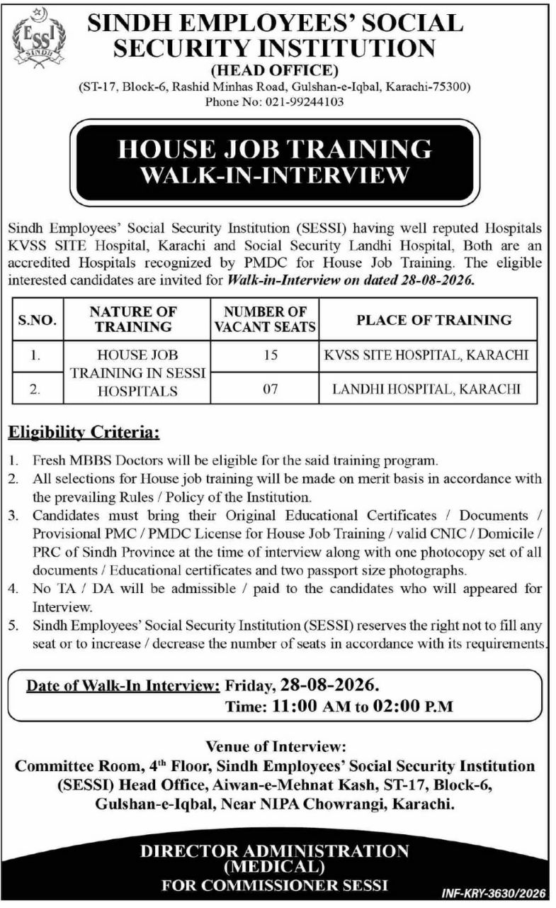 Sindh Employees' Social Security Institution (SESSI) Jobs 2026 – Sindh Employees' Social Security Institution (SESSI) - Head Office Jobs 2026 — original newspaper advertisement