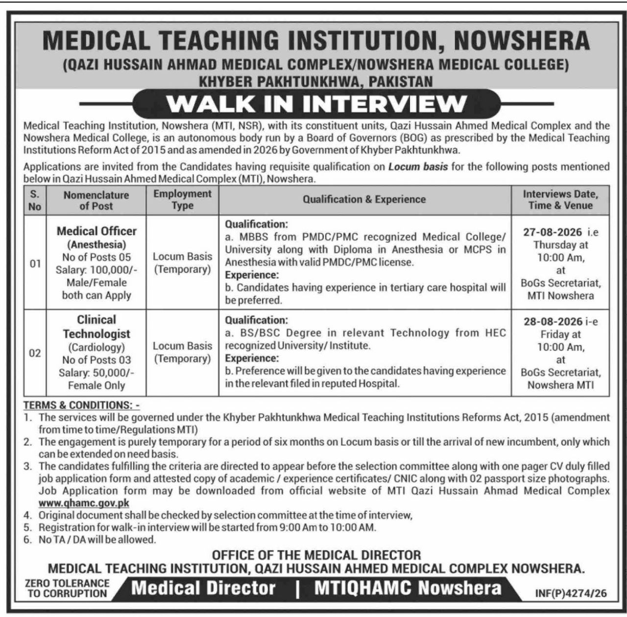 Medical Teaching Institution, Nowshera (Qazi Hussain Ahmad Medical Complex / Nowshera Medical College), Khyber Pakhtunkhwa Jobs 2026 – Medical Teaching Institution, Nowshera (Qazi Hussain Ahmad Medical Complex / Nowshera Medical College), Khyber Pakhtunkhwa, Pakistan Jobs 2026 — original newspaper advertisement