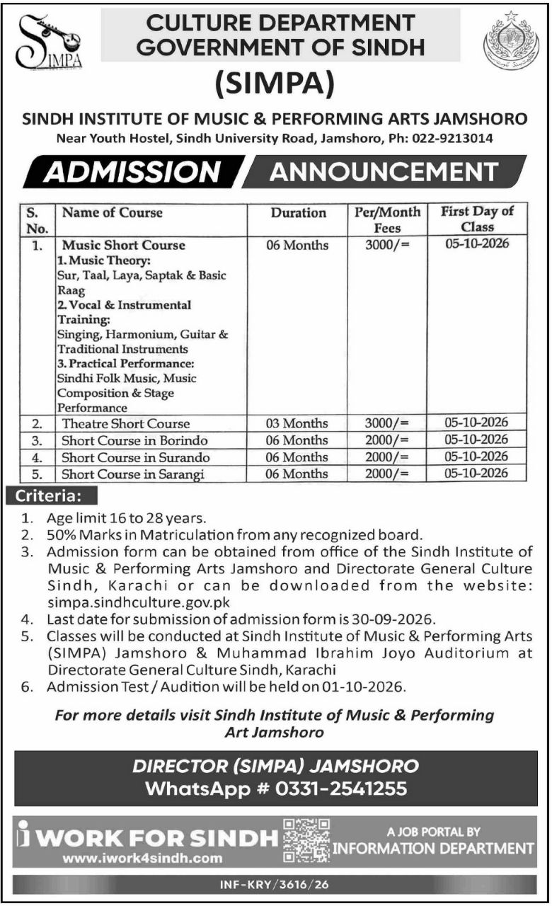 Sindh Institute of Music & Performing Arts (SIMPA), Culture Department – Sindh Institute of Music & Performing Arts (SIMPA), Culture Department, Government of Sindh Admissions 2026 — original newspaper advertisement