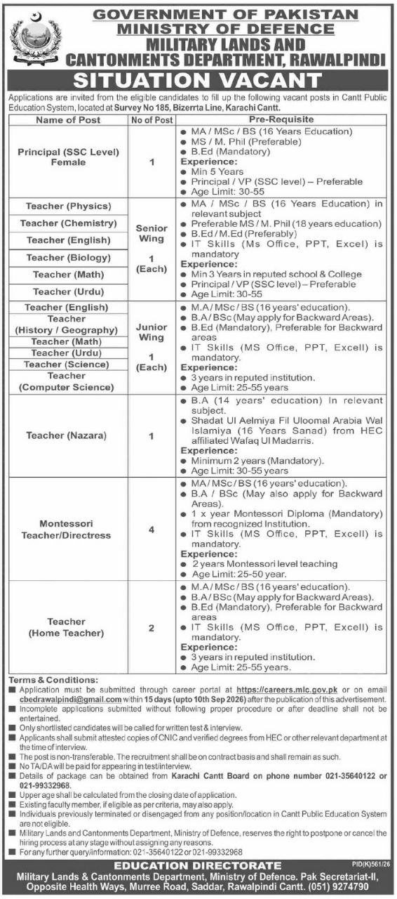 Cantt Public Education System Rawalpindi Jobs – Government of Pakistan, Ministry of Defence, Military Lands and Cantonments Department, Rawalpindi Jobs 2026 — original newspaper advertisement
