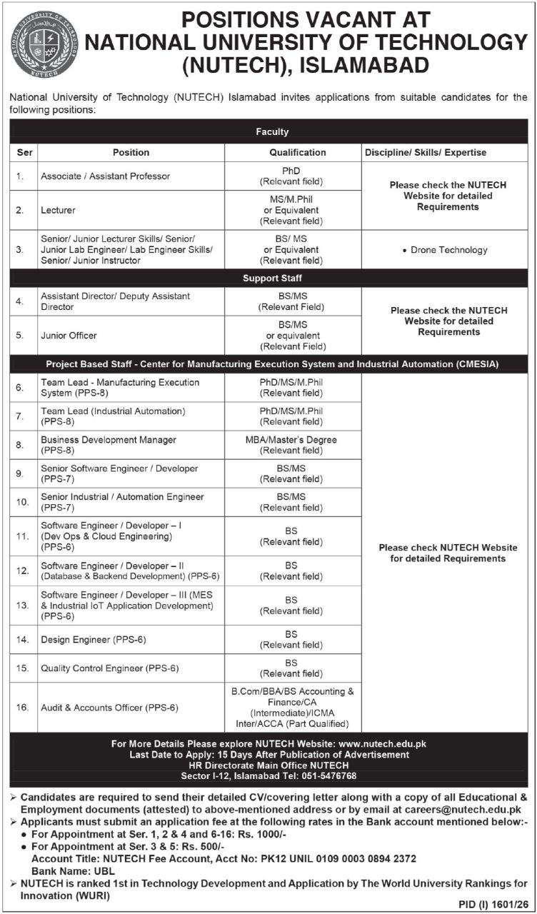 National University of Technology (NUTECH), Islamabad Jobs 2026 Jobs 2026 — original newspaper advertisement