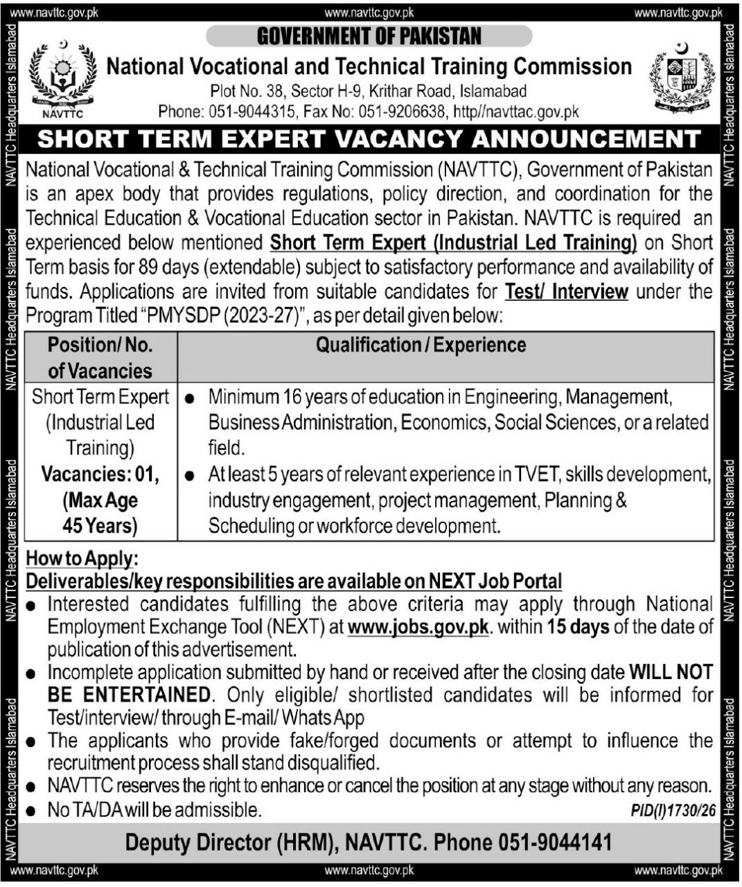 National Vocational and Technical Training Commission Jobs 2026 – National Vocational and Technical Training Commission (NAVTTC), Government of Pakistan Jobs 2026 — original newspaper advertisement