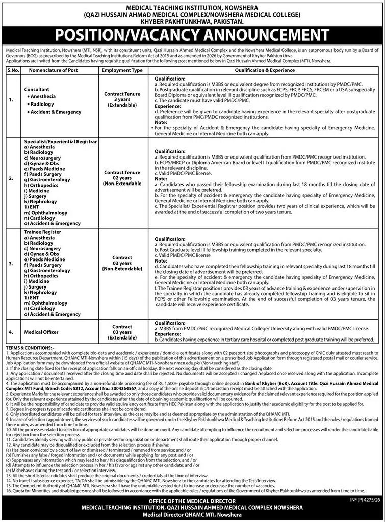 Medical Teaching Institution Jobs 2026 – Medical Teaching Institution, Nowshera (Qazi Hussain Ahmad Medical Complex / Nowshera Medical College), Khyber Pakhtunkhwa, Pakistan Jobs 2026 — original newspaper advertisement