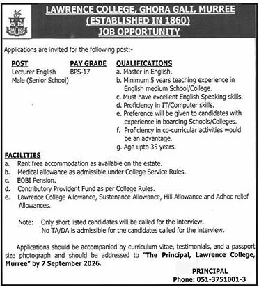 Lawrence College, Ghora Gali, Murree Jobs 2026 – Lawrence College, Ghora Gali, Murree (Established in 1860) Jobs 2026 — original newspaper advertisement
