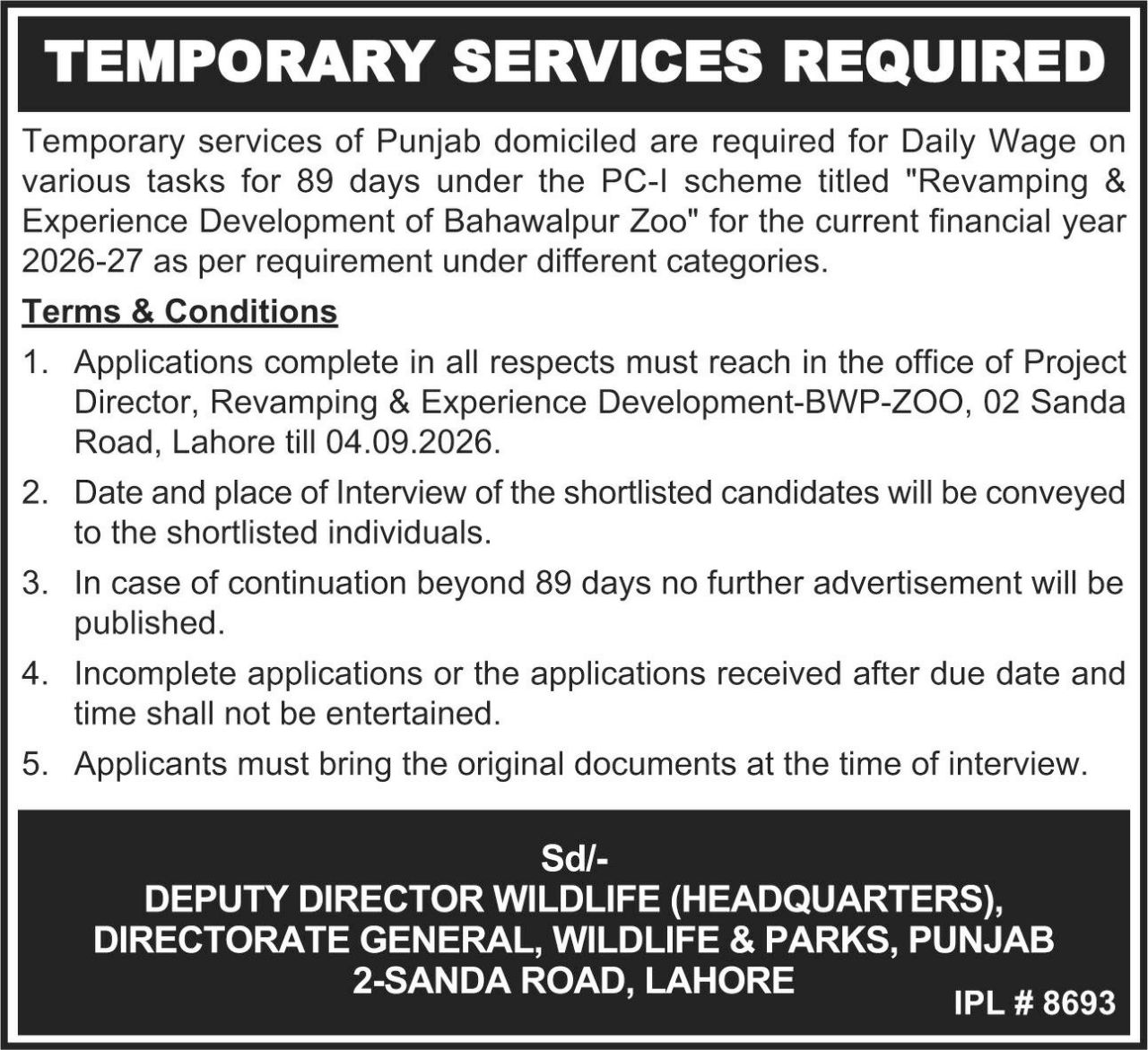 Directorate General, Wildlife & Parks, Punjab Jobs 2026 Jobs 2026 — original newspaper advertisement
