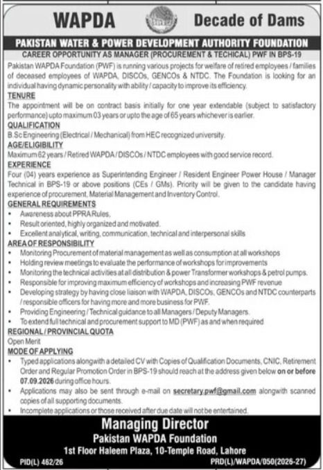 Pakistan Water & Power Development Authority Foundation Jobs 2026 – Pakistan Water & Power Development Authority Foundation (WAPDA Foundation / PWF) Jobs 2026 — original newspaper advertisement