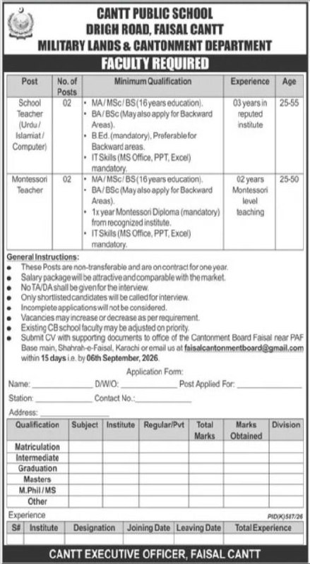 Cantt Public School, Drigh Road, Faisal Cantt – Military Lands & Cantonment Department Jobs 2026 Jobs 2026 — original newspaper advertisement