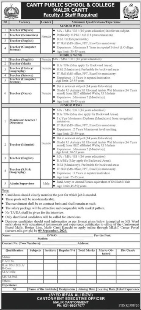 Cantt Public School & College, Malir Cantt Jobs 2026 Jobs 2026 — original newspaper advertisement