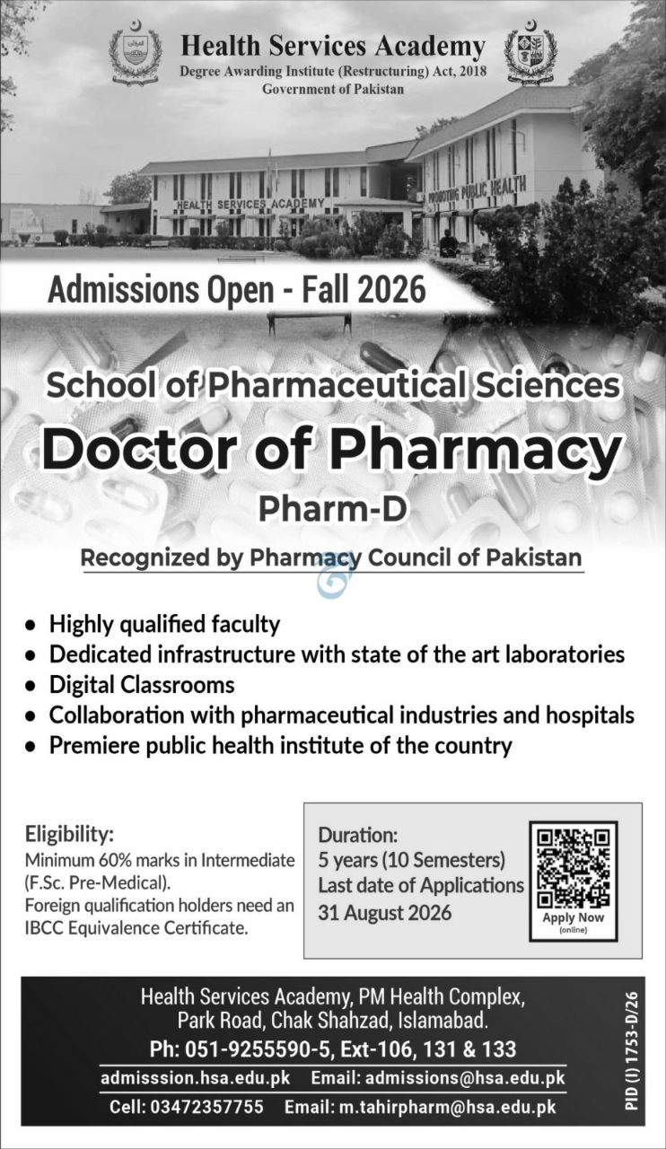 Admissions Open - Fall 2026 | Doctor of Pharmacy (Pharm-D) – Health Services Academy, Government of Pakistan Admissions 2026 — original newspaper advertisement