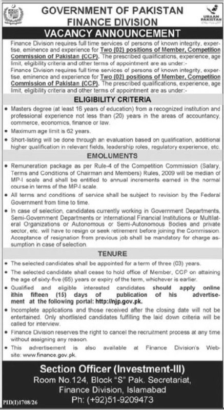 Finance Division Islamabad Jobs 2026 – Government of Pakistan, Finance Division Jobs 2026 — original newspaper advertisement