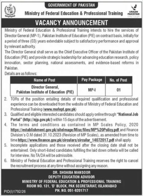 Ministry of Federal Education & Professional Training Jobs 2026 – Ministry of Federal Education & Professional Training, Government of Pakistan Jobs 2026 — original newspaper advertisement