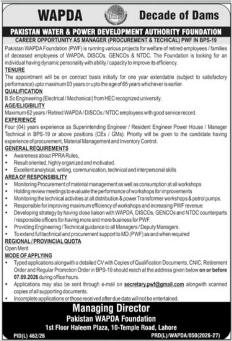Pakistan Water & Power Development Authority Jobs 2026 – Pakistan Water & Power Development Authority Foundation (WAPDA Foundation / PWF) Jobs 2026 — original newspaper advertisement