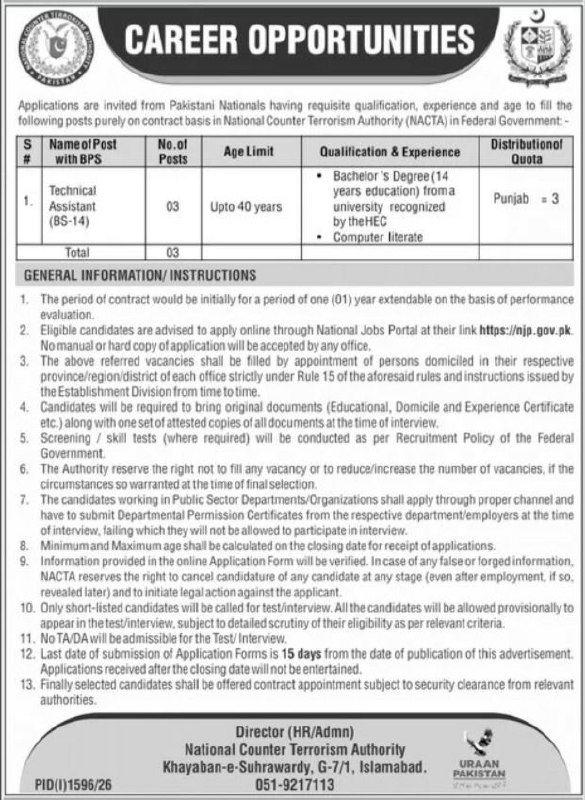 National Counter Terrorism Authority Jobs 2026 – National Counter Terrorism Authority (NACTA), Federal Government Jobs 2026 — original newspaper advertisement
