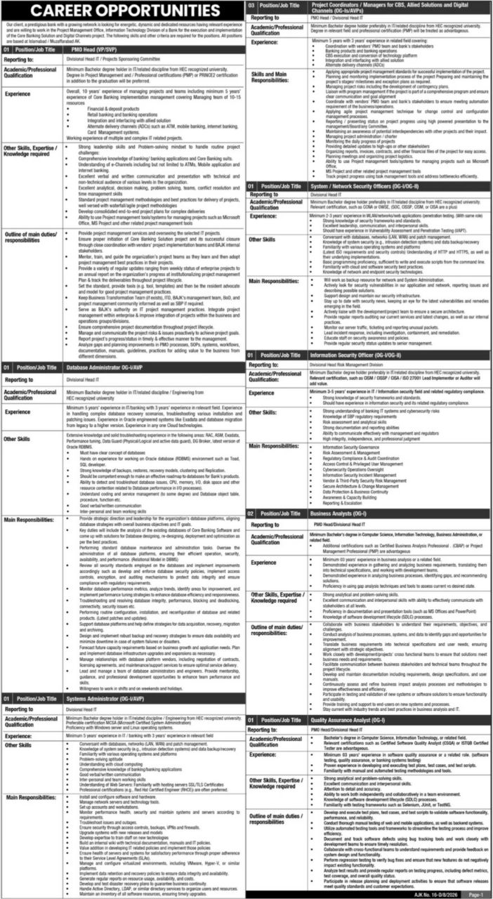 prestigious bank (Core Banking Solution and Digital Channels Division) Jobs 2026 – A prestigious bank (Core Banking Solution and Digital Channels Division) Jobs 2026 — original newspaper advertisement