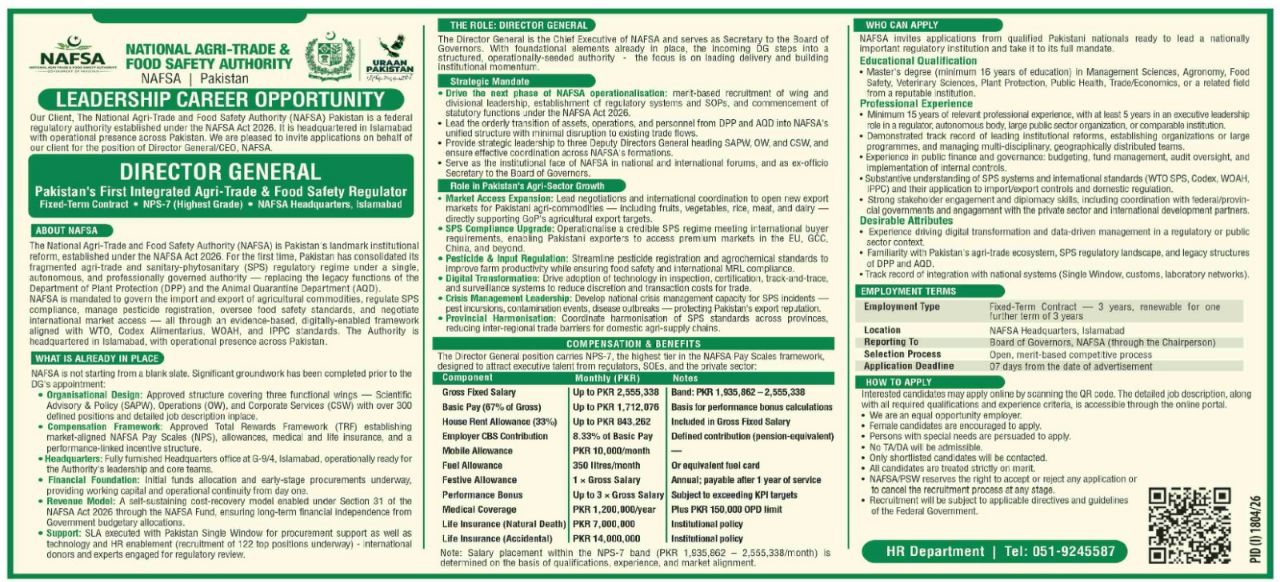 National Agri-Trade and Food Safety Authority (NAFSA), Pakistan Jobs 2026 Jobs 2026 — original newspaper advertisement