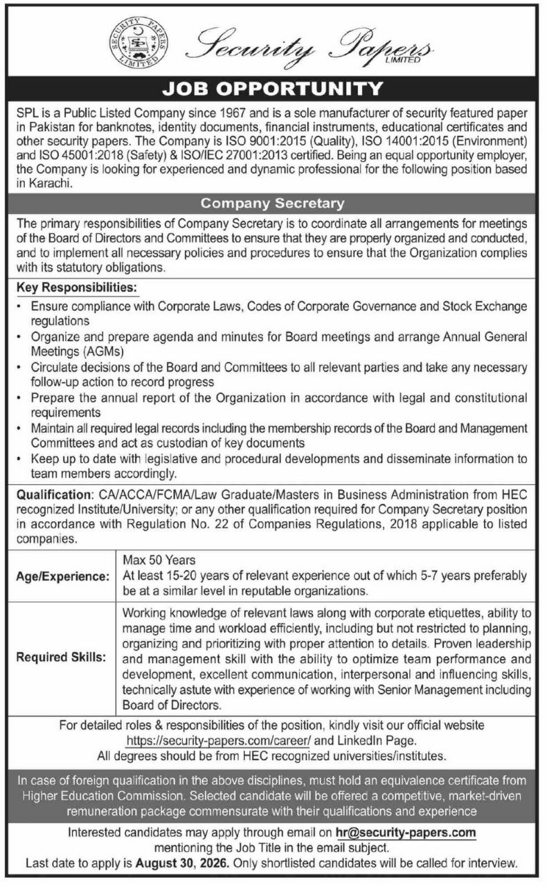 Security Papers Limited (SPL) Jobs 2026 Jobs 2026 — original newspaper advertisement