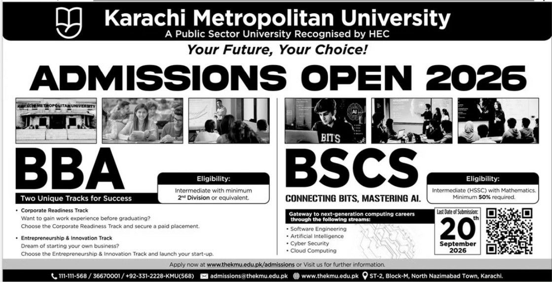 Admissions Open 2026 – Karachi Metropolitan University Admissions 2026 — original newspaper advertisement