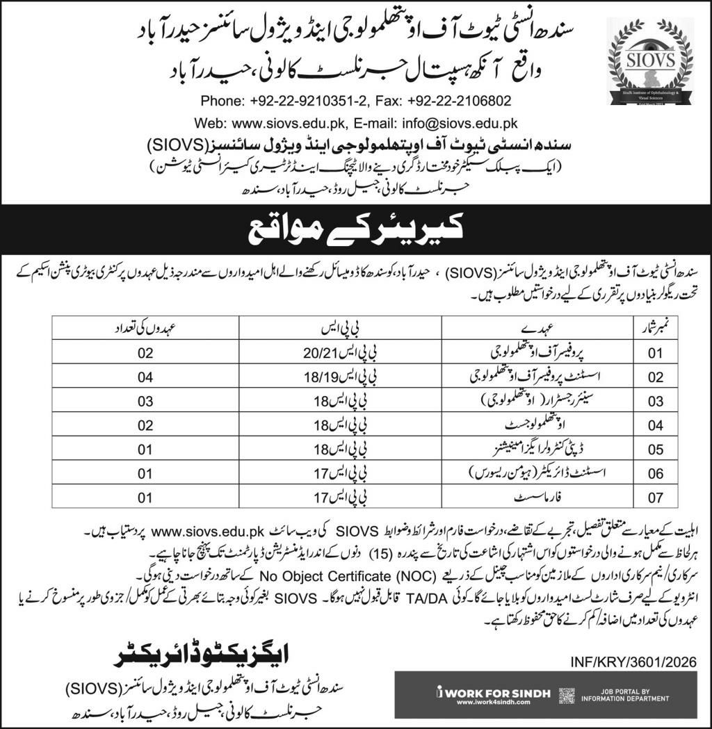 Sindh Institute of Ophthalmology and Visual Sciences (SIOVS), Hyderabad Jobs 2026 Jobs 2026 — original newspaper advertisement