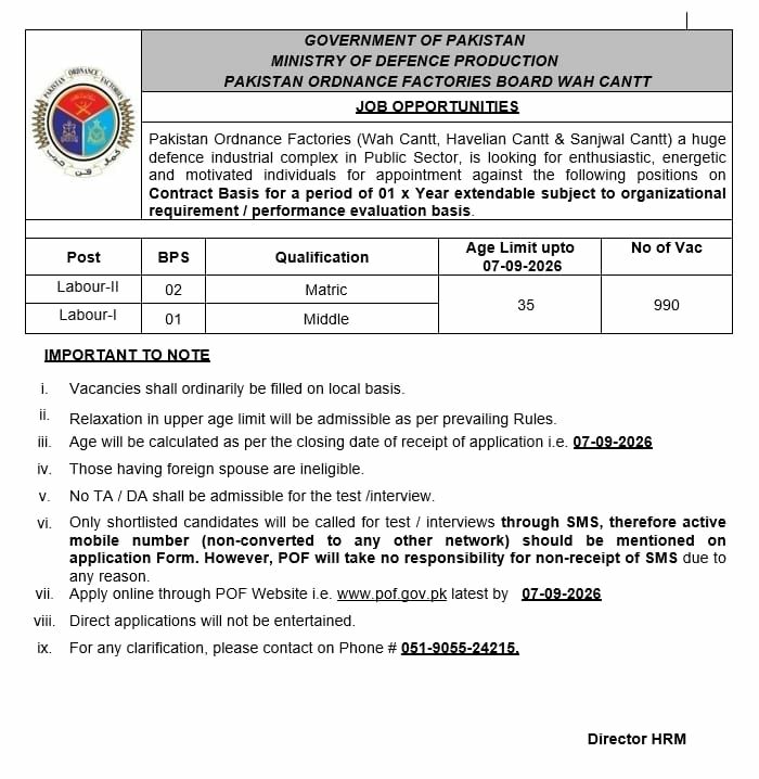 Government of Pakistan, Ministry of Defence Production, Pakistan Ordnance Factories Board Wah Cantt Jobs 2026 Jobs 2026 — original newspaper advertisement