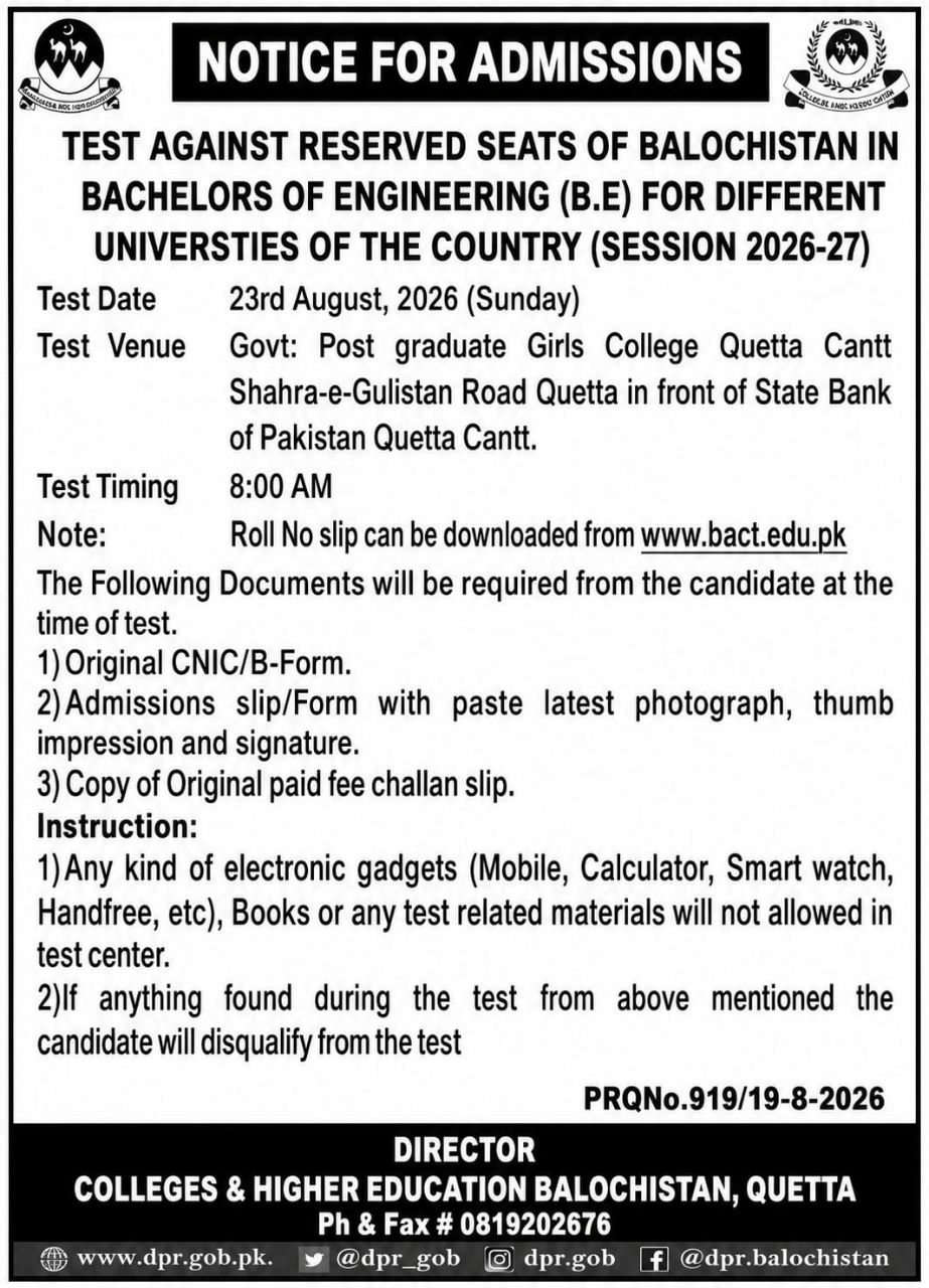 Notice for Admissions - Test Against Reserved Seats of Balochistan in Bachelors of Engineering (B.E) for Different Universities of the Country (Session 2026-27) – Colleges & Higher Education Balochistan, Quetta Admissions 2026 — original newspaper advertisement