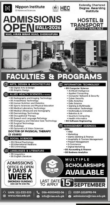 Admissions Open Fall-2026 – Nippon Institute of Advanced Sciences (NIAS) Admissions 2026 — original newspaper advertisement