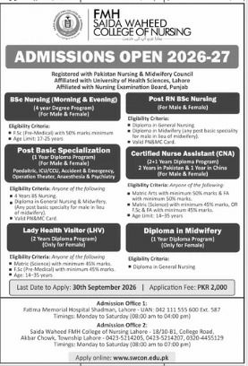 Admissions Open 2026-27 – FMH Saida Waheed College of Nursing Admissions 2026 — original newspaper advertisement