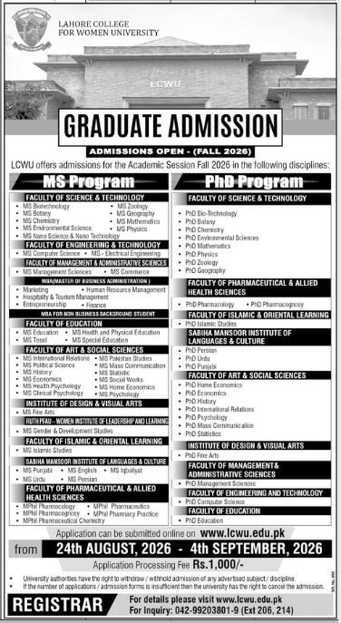 Graduate Admission - Admissions Open (Fall 2026) – Lahore College for Women University (LCWU) Admissions 2026 — original newspaper advertisement