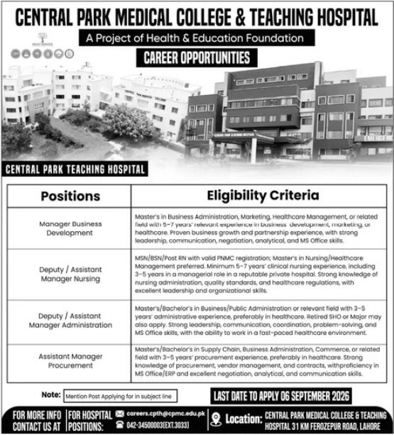 Central Park Medical College & Teaching Hospital Jobs 2026 – Central Park Medical College & Teaching Hospital (A Project of Health & Education Foundation) Jobs 2026 — original newspaper advertisement