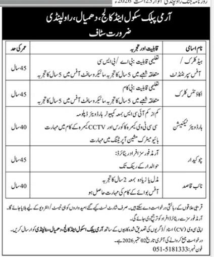 Army Public School and College, Dhamial, Rawalpindi Jobs 2026 Jobs 2026 — original newspaper advertisement