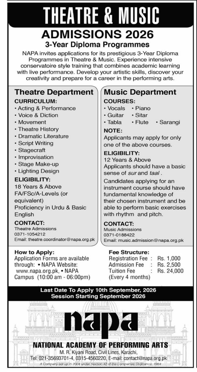 Theatre & Music Admissions 2026 - 3-Year Diploma Programmes – National Academy of Performing Arts (NAPA) Admissions 2026 — original newspaper advertisement