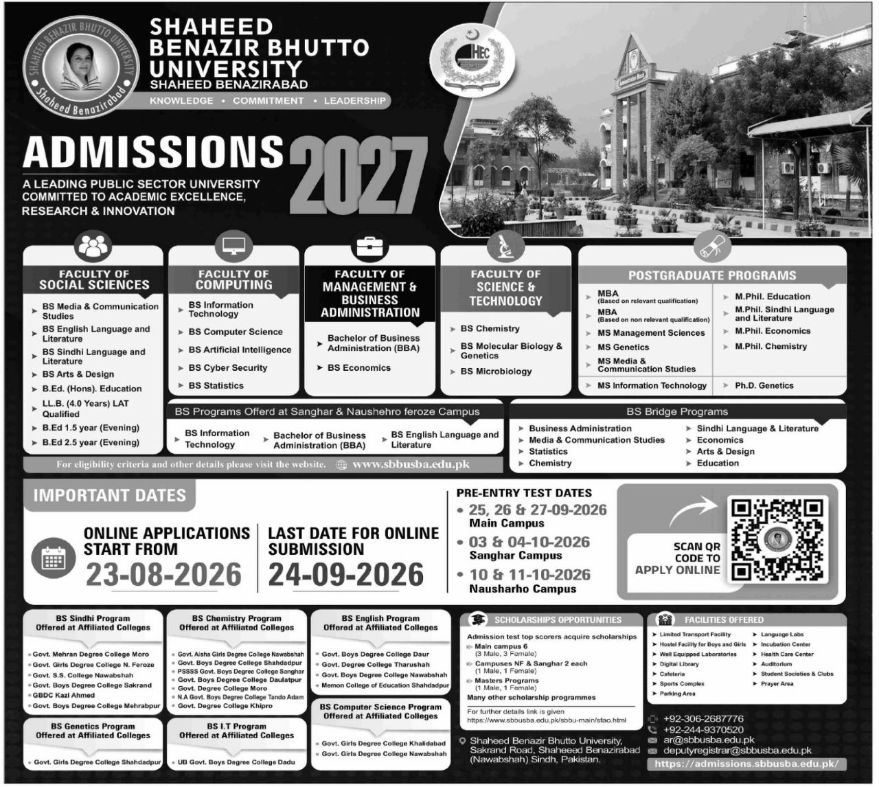Shaheed Benazir Bhutto University, Shaheed Benazirabad Admissions 2027 Admissions 2026 — original newspaper advertisement