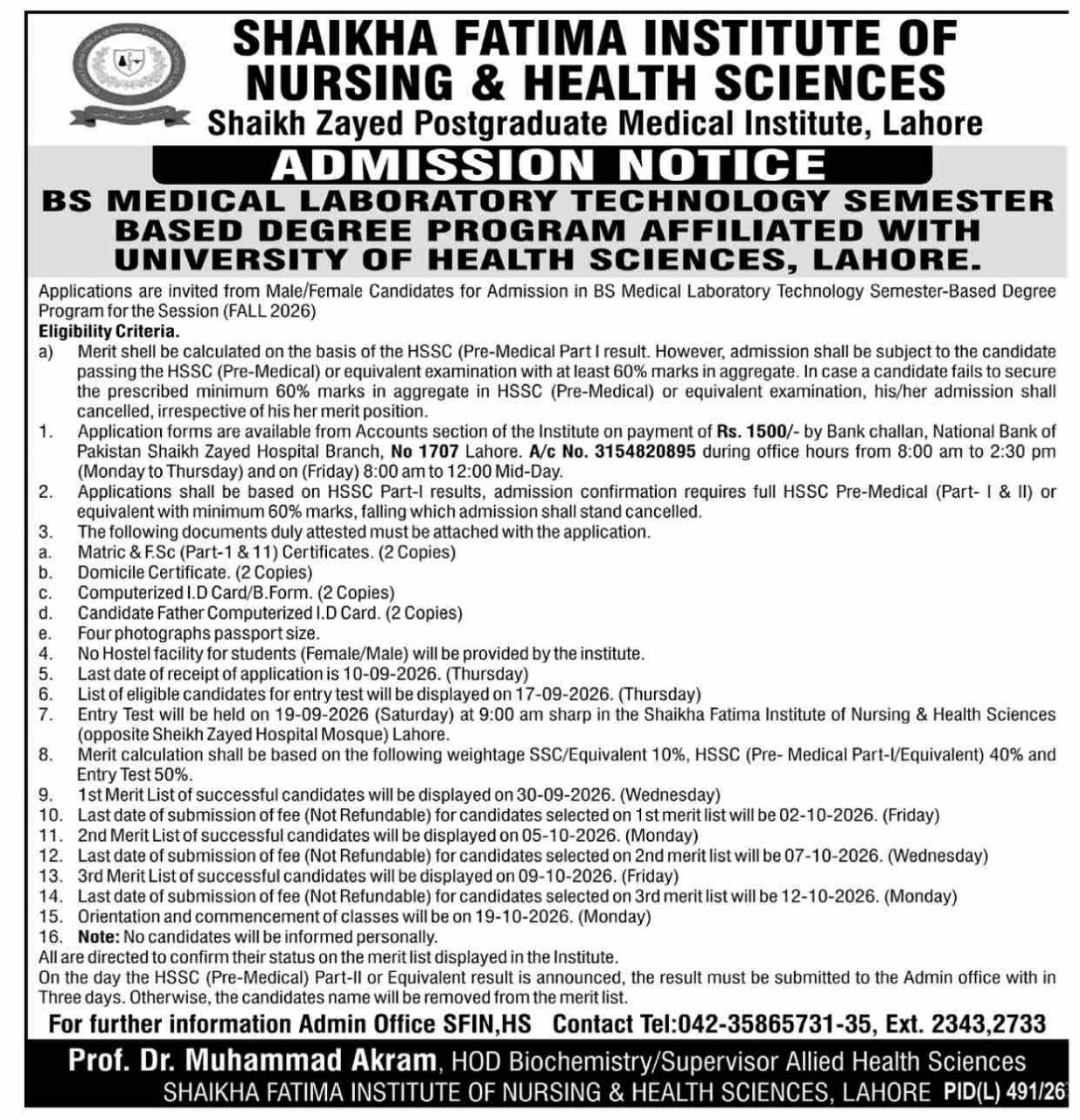 Admission Notice Shaikha Fatima Institute of Nursing & Health Sciences, Shaikh Zayed Postgraduate Medical Institute, Lahore Admissions 2026 — original newspaper advertisement