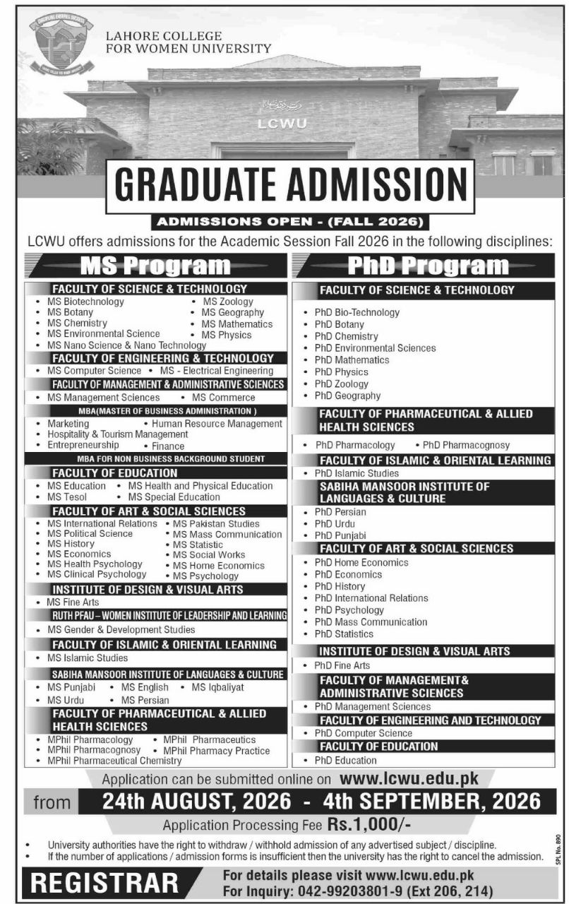 Lahore College for Women University (LCWU) Admissions Open (Fall 2026) Admissions 2026 — original newspaper advertisement