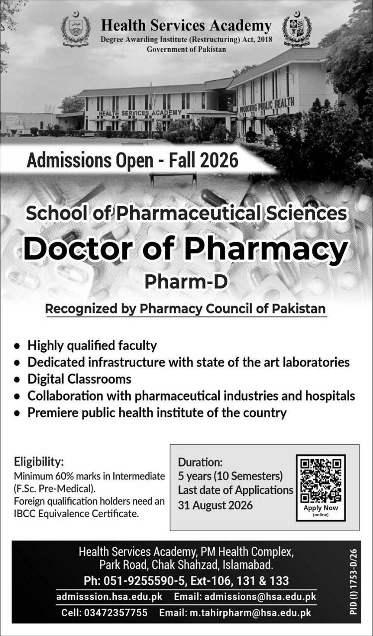 Admissions Open - Fall 2026 | Doctor of Pharmacy (Pharm-D) – Health Services Academy, Government of Pakistan Admissions 2026 — original newspaper advertisement