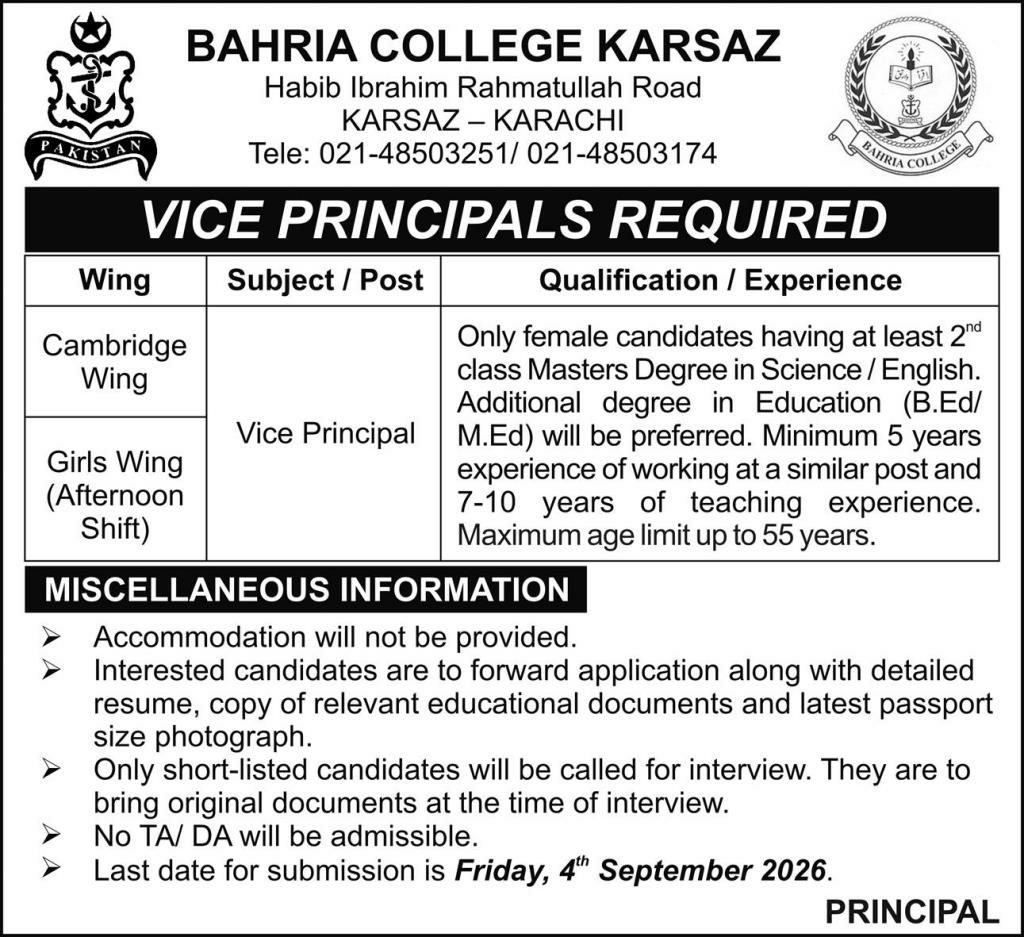Bahria College Karsaz Jobs 2026 Jobs 2026 — original newspaper advertisement