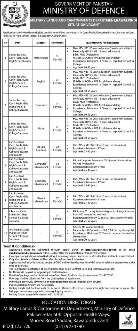 Military Lands and Cantonments Department, Rawalpindi Jobs 2026 – Government of Pakistan, Ministry of Defence – Military Lands and Cantonments Department Jobs 2026 — original newspaper advertisement