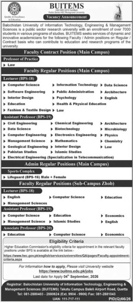 Balochistan University of Information Technology, Engineering & Management Sciences (BUITEMS) Jobs 2026 Jobs 2026 — original newspaper advertisement