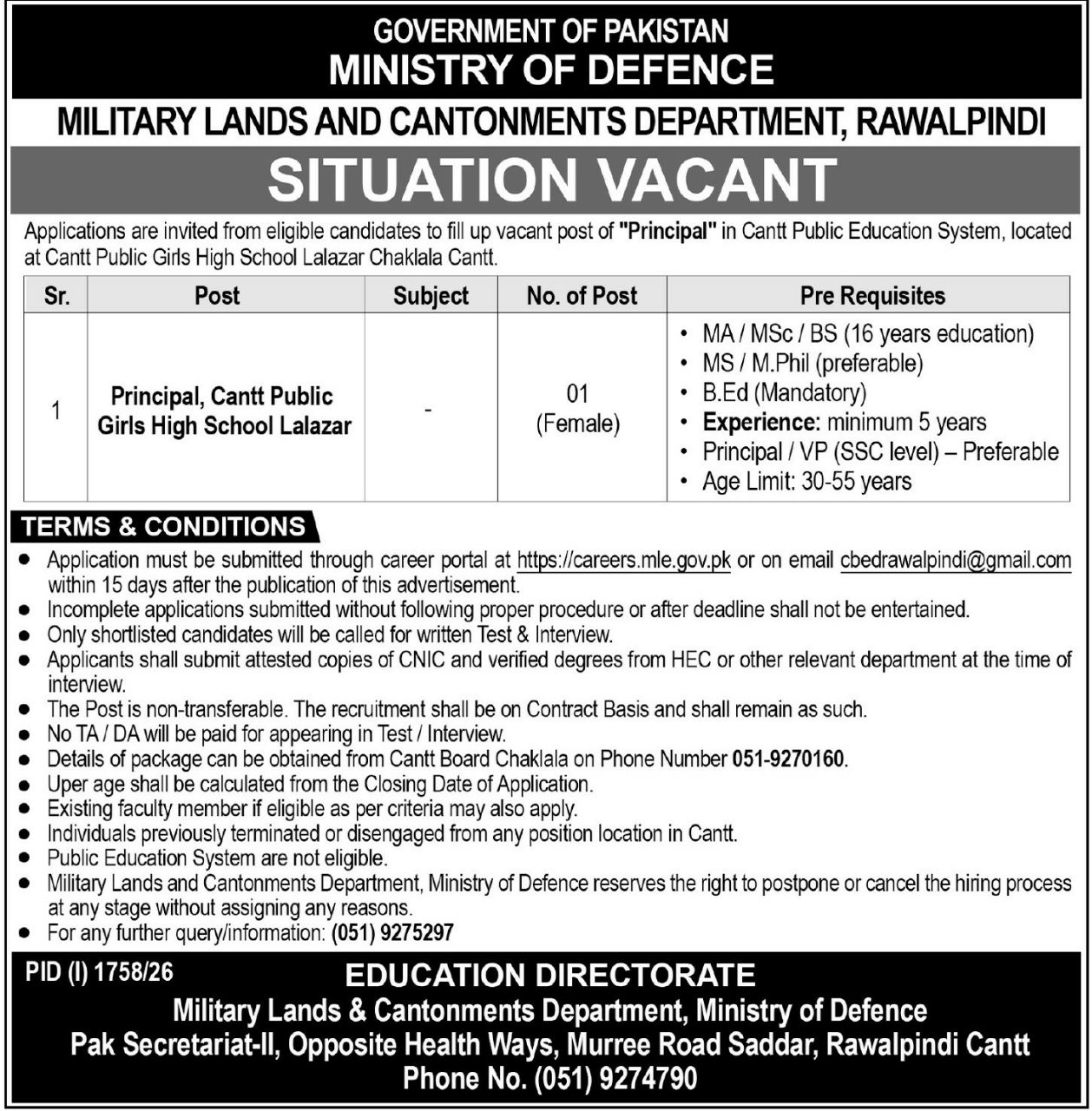 Military Lands and Cantonments Department Jobs 2026 – Military Lands and Cantonments Department, Ministry of Defence, Government of Pakistan Jobs 2026 — original newspaper advertisement