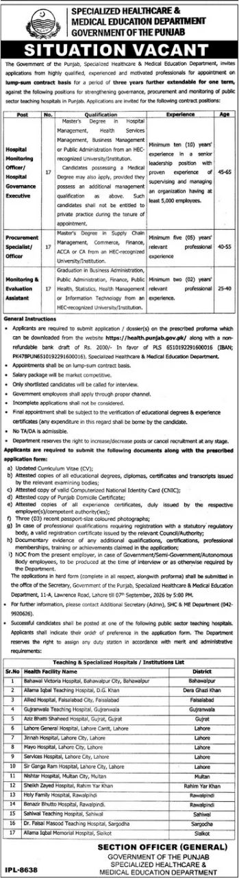 Specialized Healthcare & Medical Education Department Jobs 2026 – Specialized Healthcare & Medical Education Department, Government of the Punjab Jobs 2026 — original newspaper advertisement