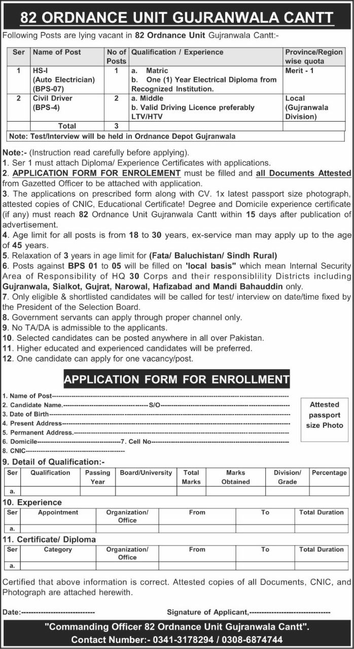 82 Ordnance Unit Gujranwala Cantt Jobs 2026 Jobs 2026 — original newspaper advertisement