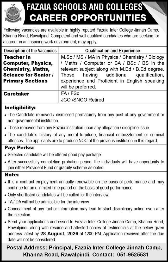 Fazaia Inter College Jinnah Camp, Khanna Road, Rawalpindi Jobs 2026 Jobs 2026 — original newspaper advertisement