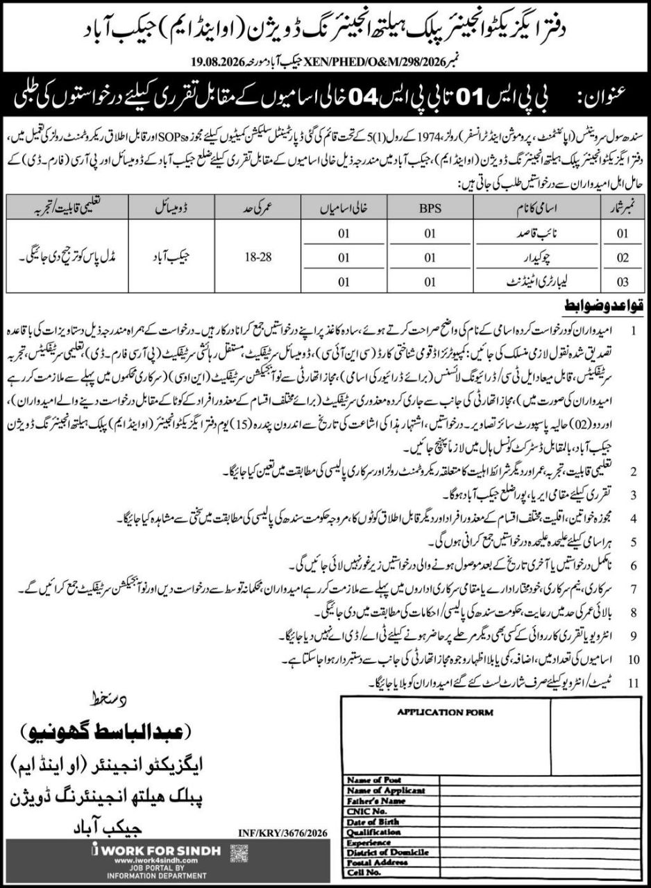 Office of Executive Engineer, Public Health Engineering Division (O&M), Jacobabad Jobs Jobs 2026 — original newspaper advertisement